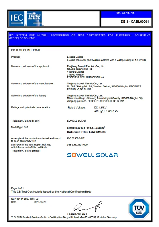 Kable fotowoltaiczne SOWELLSOLAR otrzymują certyfikat TÜV SÜD IECEE-CB